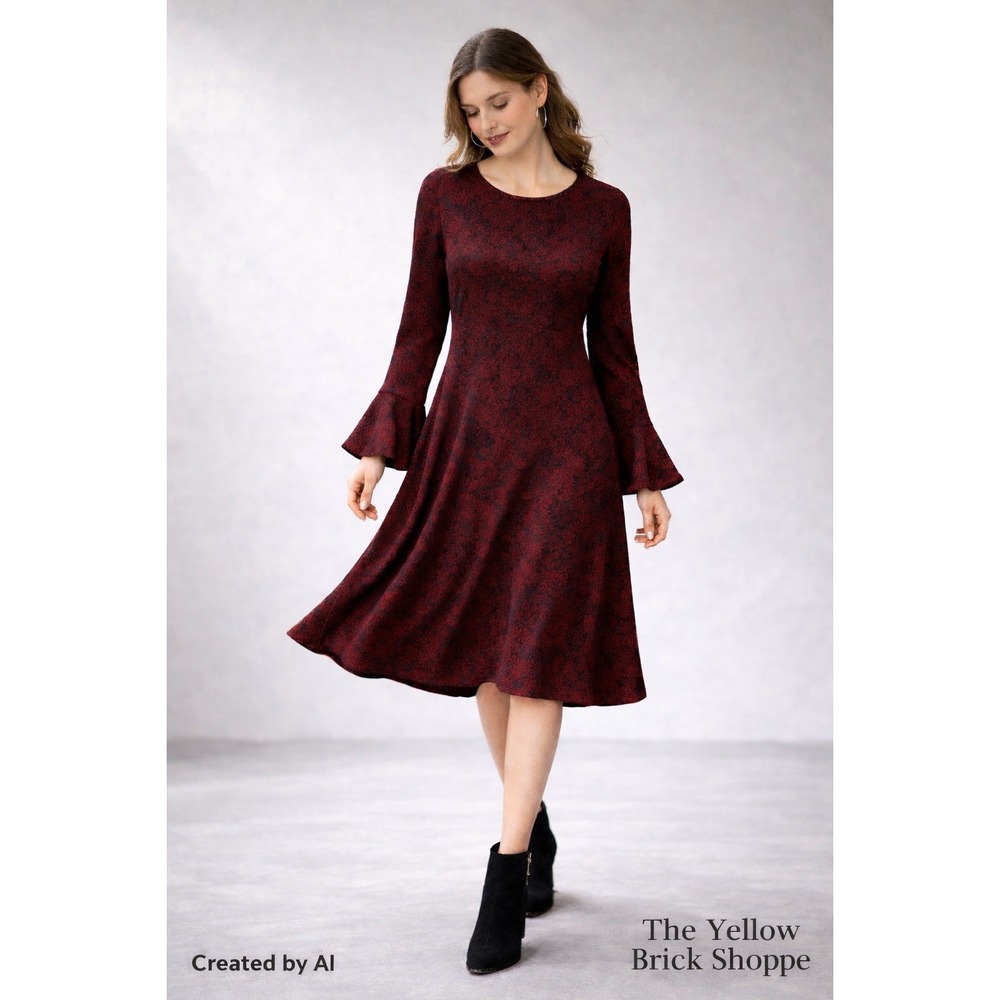 Michael Kors Dark Red & Black Lace Print‎ A-Line Dress Bell Sleeves Size 1X